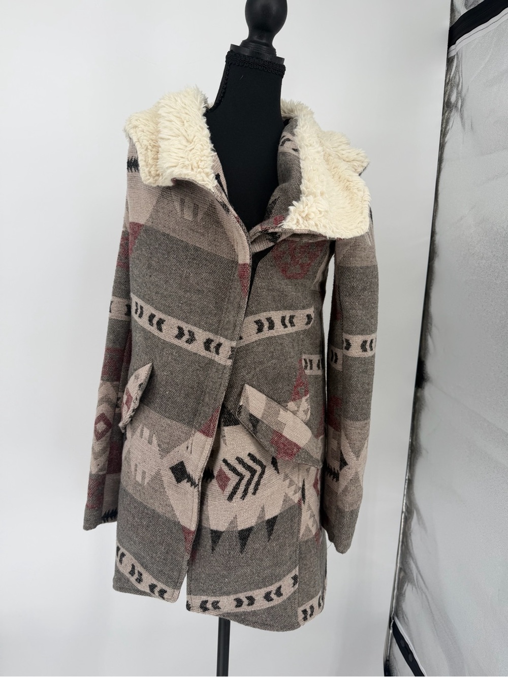 Me Jane Taupe Multi Aztec Sherpa-Collar Trench Coat
